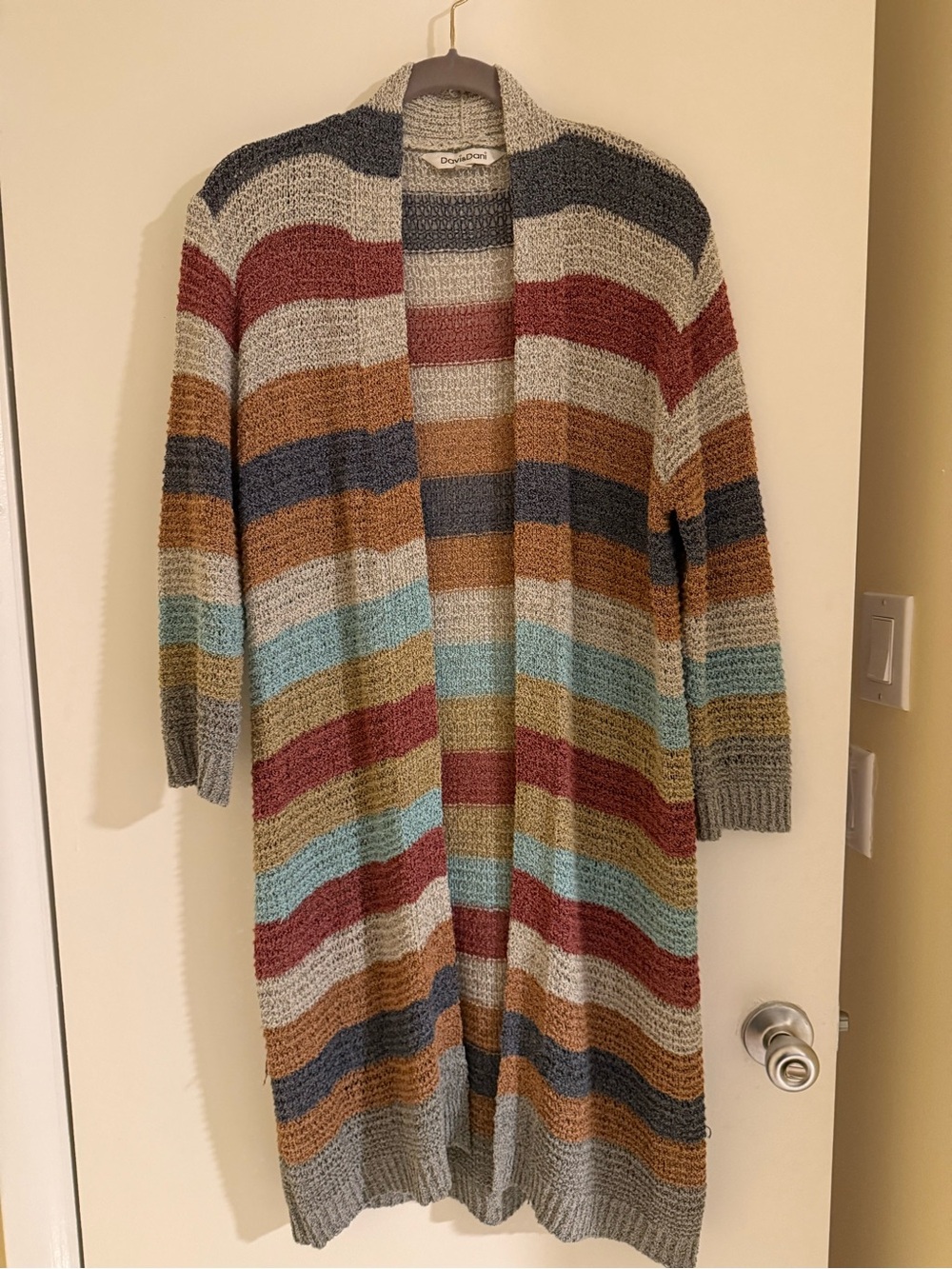 Davi & Dani Open-Front Multi-Stripe Long Knit Cardigan, L
